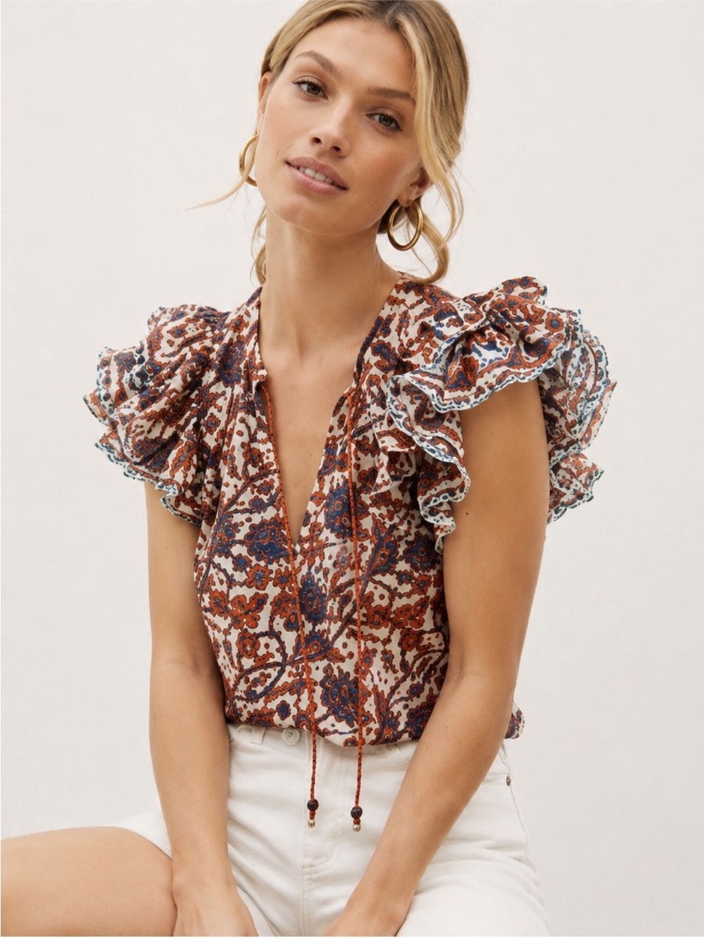 Love the Label Anthropologie Mabel Floral Ruffle Tie Neck Blouse boho size S